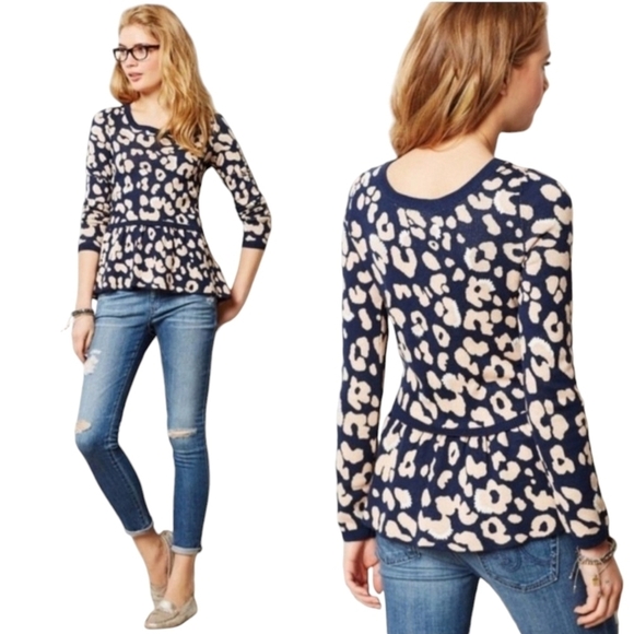 Anthropologie Moth animal print peplum ruffle waist sweater - Picture 1 of 13
